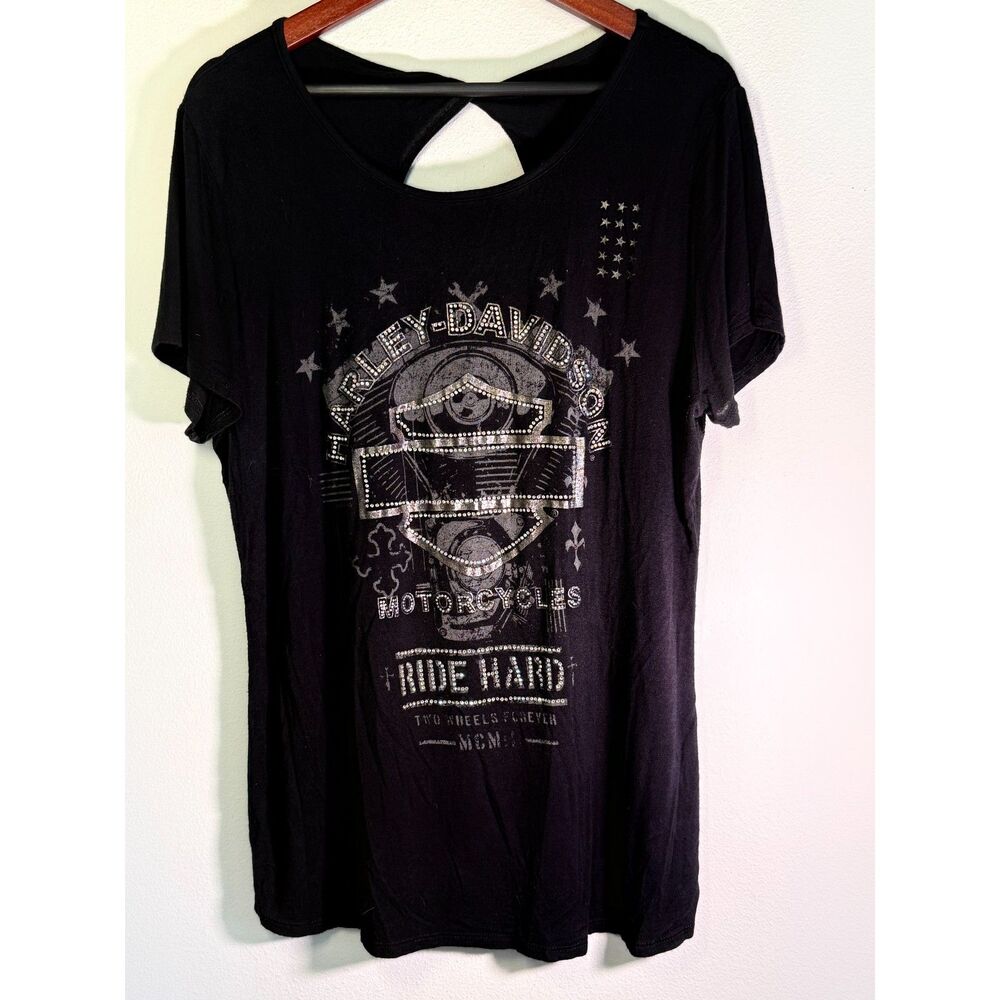 Harley Davidson 1X Black Rhinestone Engine Graphic Twist Cutout Back Biker Bling